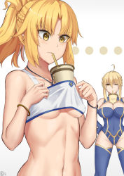 Rule 34 | 2girls, ahoge, artoria pendragon (fate), artoria pendragon (lancer) (fate), bandeau, bare shoulders, blonde hair, blue thighhighs, braid, breasts, bubble tea challenge, cleavage, collarbone, commentary request, drinking straw, fate/grand order, fate (series), green eyes, hair between eyes, heattech leotard, highres, jewelry, kakeku, large breasts, mordred (fate), mordred (fate/apocrypha), mordred (memories at trifas) (fate), multiple girls, navel, necklace, one eye closed, ponytail, shirt, sidelocks, small breasts, solo focus, thighhighs, turtleneck, white shirt, yellow eyes