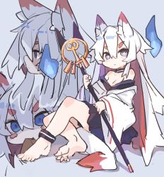Rule 34 | 1girl, animal ear fluff, animal ears, anklet, bare shoulders, barefoot, biting, blue eyes, blue skirt, blush, blush stickers, choker, closed mouth, eating, fox ears, fox girl, fox tail, grey background, hair between eyes, highres, hitodama, holding, holding staff, japanese clothes, jewelry, long hair, multicolored hair, original, red hair, short eyebrows, simple background, sketch, skirt, solo, staff, tail, white hair, zizi niisan