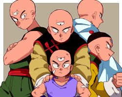 Rule 34 | 10s, 5boys, age difference, bald, black eyes, border, cape, chinese clothes, clenched hand, crossed arms, dirty, dirty clothes, dirty face, dougi, dragon ball, dragon ball (classic), dragon ball super, dragonball z, fingernails, frown, goro (szyk7834), grey background, grin, hand on another&#039;s shoulder, hand on own hip, hat, height difference, lavender shirt, light smile, long sleeves, looking at another, looking at viewer, looking away, looking back, looking down, male focus, multiple boys, multiple persona, outside border, profile, serious, shirt, simple background, sleeveless, sleeveless shirt, smile, tenshinhan, third eye, upper body, white cape, aged down