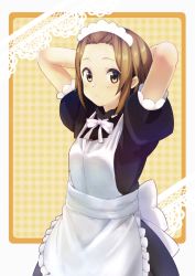 Rule 34 | 1girl, absurdres, alternate costume, apron, arms behind head, brown hair, enmaided, expressionless, highres, k-on!, maid, maid apron, maid headdress, notus 23, short hair, solo, tainaka ritsu