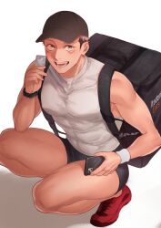 Rule 34 | 1boy, backpack, bag, baseball cap, black shorts, brown eyes, ccccc (jpn m0), condom, delivery, facial mark, hat, highres, holding, holding condom, holding phone, itadori yuuji, jujutsu kaisen, looking at viewer, male focus, open mouth, phone, pink hair, red footwear, short hair, short shorts, shorts, smile, solo, squatting, tank top, teeth, thick thighs, thighs, twitter username, undercut, watch, white background, white tank top, wristband, wristwatch