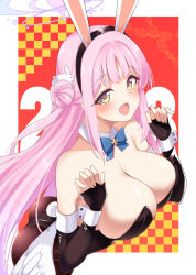 Rule 34 | 1girl, 2023, angel wings, animal ears, ass, bare shoulders, black gloves, black headband, black leotard, blue archive, blue bow, bow, breasts, brown pantyhose, checkered background, cleavage, collarbone, detached collar, elbow gloves, fingerless gloves, fingernails, gloves, gokubuto mayuge, hair bun, hair ornament, halo, headband, highres, huge breasts, leaning forward, leotard, long hair, looking at viewer, mika (blue archive), open mouth, pantyhose, pink hair, playboy bunny, rabbit ears, rabbit hair ornament, rabbit tail, red background, single side bun, smile, solo, strapless, strapless leotard, tail, white headwear, white wrist cuffs, wings, wrist cuffs, yellow eyes