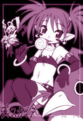 Rule 34 | 1girl, 2boys, :p, = =, angry, antenna hair, arm support, armband, armpits, bat wings, belt, bikini, bikini top only, blood, blush stickers, boots, bracelet, candy, chibi, collar, demon girl, demon tail, disgaea, earrings, elbow gloves, etna (disgaea), fang, fenrich, flat chest, food, gloves, heart, jewelry, kicking, laharl, licking, lollipop, makai senki disgaea 2, mid-boss, mid-boss (disgaea), midriff, miniskirt, monochrome, multiple boys, nakagami takashi, navel, nippon ichi, o o, open mouth, pointy ears, prinny, purple theme, red hair, scarf, short hair, short twintails, skirt, skull, spiked hair, strap, swimsuit, swirl lollipop, tail, thighhighs, tongue, tongue out, torn clothes, twintails, weapon, wings