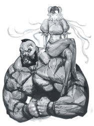 Rule 34 | 1boy, 1girl, beard, bracelet, capcom, chest hair, china dress, chinese clothes, chun-li, clenched teeth, closed eyes, double bun, dress, facial hair, hair bun, ikeda masateru, image sample, jewelry, lips, mohawk, monochrome, muscular, pantyhose, puffy sleeves, simple background, sitting, sitting on person, sitting on shoulder, size difference, sketch, street fighter, teeth, zangief