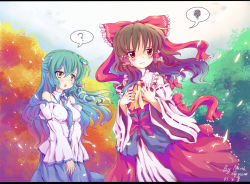 Rule 34 | 2girls, :o, ?, annoyed, blush, bow, breast envy, breasts, brown eyes, brown hair, detached sleeves, female focus, frog, frown, gradient hair, green hair, hair bow, hair ornament, hakurei reimu, highres, impossible clothes, impossible shirt, japanese clothes, kochiya sanae, large bow, letterboxed, long hair, looking away, miko, multicolored hair, multiple girls, necktie, north abyssor, petals, ribbon, shirt, snake, spoken question mark, spoken squiggle, squiggle, tears, touhou, tree, v arms, yellow eyes