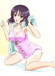 Rule 34 | 1girl, atsuko (minami-ke), breasts, cleavage, diesel-turbo, minami-ke, purple eyes, purple hair, short hair, solo