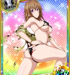 Rule 34 | 10s, 1girl, ahoge, ass, back, bikini, bra, bracelet, breasts, brown hair, butt crack, card (medium), character name, checkered background, chess piece, covered erect nipples, gradient background, high school dxd, highres, jewelry, large breasts, long hair, mature female, official art, panties, purple eyes, queen (chess), rainbow background, runes, sideboob, smile, solo, standing, swimsuit, torn bikini, torn clothes, torn swimsuit, trading card, underboob, underwear, venelana gremory