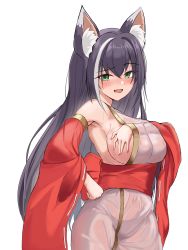 Rule 34 | 1girl, absurdres, animal ears, black hair, blush, breasts, cat ears, cat girl, cat tail, green eyes, highres, karyl (princess connect!), large breasts, long hair, looking at viewer, open mouth, princess connect!, sogogy, tail