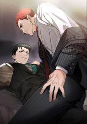 Rule 34 | 2boys, ass, black hair, black jacket, black pants, black vest, closed mouth, couple, grey shirt, highres, jacket, looking at another, lying, male focus, mew shepherd, mito youhei, multiple boys, necktie, on back, open clothes, open jacket, pants, red hair, sakuragi hanamichi, shirt, short hair, sitting, sitting on person, slam dunk (series), smile, vest, white shirt, yaoi