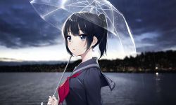 Rule 34 | 1girl, black hair, black sailor collar, black serafuku, black shirt, blue eyes, blurry, blurry background, blush, cityscape, cloud, cloudy sky, commentary, depth of field, fingernails, hair between eyes, high ponytail, highres, holding, holding umbrella, long sleeves, looking away, looking to the side, neckerchief, ocean, original, parted lips, ponytail, rain, red neckerchief, sailor collar, school uniform, serafuku, shirt, sidelocks, sky, solo, sunset, the cold, transparent, transparent umbrella, umbrella, wet