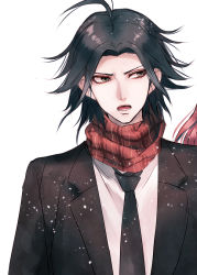 Rule 34 | 1boy, ahoge, black hair, black jacket, brown eyes, collared shirt, commentary request, danganronpa, danganronpa/zero, danganronpa (series), formal, jacket, looking to the side, lower teeth only, male focus, matsuda yasuke, necktie, open clothes, open mouth, parted bangs, red scarf, sakuyu, scarf, shirt, short hair, sideways glance, simple background, solo, teeth, upper body, white background, white shirt