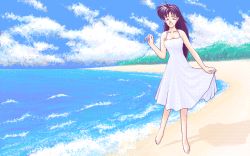 Rule 34 | 1girl, 4bpp, :d, barefoot, beach, clothes lift, cloud, day, dithering, dress, dress lift, closed eyes, halterneck, happy, long hair, open mouth, pc-98 (style), pixel art, purple hair, shadow, smile, solo, spiked hair, sundress