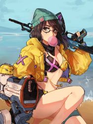 Rule 34 | 1girl, assault rifle, beach, beanie, bikini, black gloves, blue sky, breasts, blowing bubbles, cleavage, glasses, gloves, gun, hat, highres, holding, holding gun, holding weapon, jacket, killjoy (valorant), long hair, long sleeves, looking at viewer, navel, outdoors, partially fingerless gloves, rifle, sentry, sky, solo, strawbericka, swimsuit, valorant, water, weapon, yellow jacket
