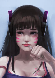 Rule 34 | 1girl, absurdres, allen hsieh, arm up, black hair, blue background, blue shirt, blunt bangs, bodypaint, bra, breasts, brown hair, candy, casual, cleavage, clenched hand, d.va (overwatch), facepaint, facial mark, food, headset, highres, holding, holding candy, holding food, holding lollipop, light smile, lips, lollipop, long hair, looking to the side, medium breasts, overwatch, overwatch 1, pink bra, rabbit symbol, realistic, shirt, solo, strap slip, tank top, underwear, whisker markings