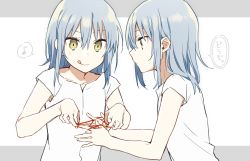 Rule 34 | 2others, androgynous, blue hair, blush, closed mouth, collarbone, dual persona, expressionless, hair between eyes, highres, long hair, looking at another, mikoto kei, multiple others, musical note, rimuru tempest, shirt, slime (substance), smile, speech bubble, string, tensei shitara slime datta ken, tongue, white background, white shirt, yellow eyes