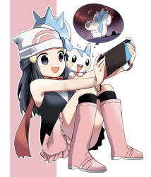 Rule 34 | 1girl, :d, beanie, blue hair, boots, creatures (company), dawn (pokemon), dynamax, game console, game freak, gen 4 pokemon, hair ornament, handheld game console, hat, holding, nintendo, nintendo switch, open mouth, pachirisu, pink footwear, pokemon, pokemon (creature), pokemon dppt, scarf, sitting, skirt, smile, thought bubble, winter clothes, wm (chawoo1357)