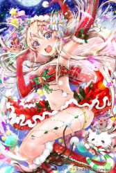 Rule 34 | 1girl, arc knights zero, ark knights zero, bandeau, blonde hair, blue eyes, blush stickers, boots, breasts, candy, candy cane, cat, christmas, cleavage, company name, copyright name, cross-laced footwear, elbow gloves, feathers, food, gloves, glowing, hat, jewelry, keepout, knee boots, large breasts, long hair, lots of jewelry, navel, official art, open mouth, party hat, plaid, red gloves, santa hat, shiny skin, skirt, smile, solo, soramu, wings