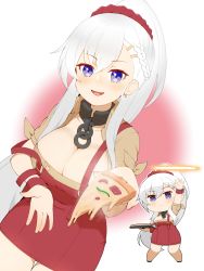 Rule 34 | 1girl, :d, apron, azur lane, beige shirt, belfast (azur lane), belfast (piping-hot perfection) (azur lane), blue eyes, blush, braid, breasts, broken, broken chain, cap105, chain, chibi, chibi inset, cleavage, collar, collarbone, commentary request, earrings, food, french braid, full body, hair between eyes, hair ornament, hair scrunchie, hairclip, highres, holding, holding food, holding pizza, holding tray, jewelry, large breasts, long hair, looking at viewer, low neckline, lower body, open mouth, pizza, pizza slice, ponytail, red apron, red background, red scrunchie, scrunchie, short sleeves, sidelocks, smile, standing, strap slip, thigh gap, throwing, tray, white background, white hair, wrist cuffs