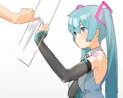 Rule 34 | 1girl, aqua eyes, aqua hair, aqua necktie, bare shoulders, black sleeves, blouse, blush, detached sleeves, fingers together, from side, furrowed brow, glass, grey shirt, hair ornament, hand on own chest, hatsune miku, highres, kamekichi (6969), light blush, long hair, looking at another, master (vocaloid), necktie, pinky out, pinky swear, see-through, see-through sleeves, shirt, shoulder tattoo, simple background, sleeveless, sleeveless shirt, solo, solo focus, tattoo, twintails, upper body, very long hair, vocaloid, white background
