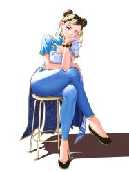 Rule 34 | 1girl, absurdres, bow, bowtie, bracelet, breasts, brown eyes, brown hair, capcom, chair, china dress, chinese clothes, chun-li, cleavage cutout, closed mouth, clothing cutout, commentary, crossed legs, double bun, dress, earrings, full body, gold trim, hair bun, head rest, highres, jewelry, lips, looking at viewer, luxpineapple, makeup, medium breasts, pants, sandals, shadow, shiny clothes, short sleeves, simple background, sitting, skin tight, smile, street fighter, street fighter 6, yoga pants