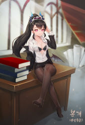 Rule 34 | 1girl, absurdres, black hair, black pantyhose, book, bra, character request, copyright request, desk, doha skylightscent, feet, full body, high heels, highres, long hair, looking at viewer, panties, pantyhose, ponytail, red eyes, see-through, shirt, sitting, skirt, smile, soles, underwear, white shirt, wings