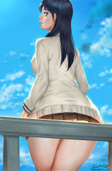 Rule 34 | 10s, 1girl, ariverkao, ass, black hair, black skirt, blue eyes, blue sky, breasts, cardigan, closed mouth, dated, day, gridman universe, large breasts, long hair, long sleeves, looking at viewer, looking back, microskirt, no panties, outdoors, railing, signature, skirt, sky, solo, ssss.gridman, takarada rikka, white cardigan