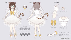 Rule 34 | 1girl, animal ear fluff, animal ears, blue eyes, bow, breasts, brown hair, cat ears, cat girl, cat tail, character sheet, choker, color guide, copyright name, dress, floral print, flower, frilled dress, frills, fujishiro kokoa, full body, fumino tamaki, fumino tamaki (5th costume), gloves, grey background, hair flower, hair ornament, high heels, jewelry, lace, lace trim, long hair, looking at viewer, medium breasts, multiple views, nijisanji, off shoulder, official art, ring, see-through, simple background, striped tail, tachi-e, tail, veil, virtual youtuber, wedding dress, white bow, white choker, white dress, white footwear, white gloves, yellow bow