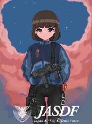 Rule 34 | 1girl, absurdres, blue jacket, brown hair, buckle, full-length zipper, grey eyes, gun, hand in pocket, highres, hrna, jacket, japan air self-defense force, japan self-defense force, jewelry, locket, military, original, pantyhose, pendant, pink clouds, pouch, short hair, sky, snap-fit buckle, solo, standing, star (sky), starry sky, submachine gun, thigh pouch, weapon, zipper