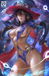 Rule 34 | 1girl, absurdres, alternate costume, black hair, blue eyes, blue leotard, breasts, capelet, cowboy shot, elbow gloves, genshin impact, gloves, hair between eyes, hand on own hip, hat, highres, large breasts, leotard, lips, long hair, looking at viewer, mona (genshin impact), navel, nopeys, purple hat, revealing clothes, solo, witch hat