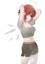 Rule 34 | 1girl, arknights, arms up, black shorts, breasts, cleavage, commentary, cowboy shot, crop top, exusiai (arknights), grey shirt, halo, highres, medium breasts, midriff, naoel (naoel art), navel, red hair, shirt, short hair, short sleeves, shorts, simple background, solo, standing, stomach, thighs, white background