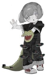 Rule 34 | 1girl, :o, black overalls, black shirt, blush, crocodile, crocodilian, crocodilian tail, full body, gloves, green gloves, grey eyes, grey hair, hand puppet, highres, hougetsu (moon neetcat), long sleeves, looking at viewer, open mouth, original, overalls, puppet, record, red footwear, shirt, shoes, short hair, simple background, single glove, sneakers, solo, standing, t-shirt, tail, twintails, white background