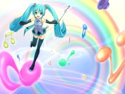 Rule 34 | 1girl, :d, aqua eyes, aqua hair, boots, detached sleeves, female focus, hatsune miku, headset, long hair, musical note, necktie, open mouth, rainbow, skirt, smile, solo, thigh boots, thighhighs, touji, twintails, very long hair, vocaloid