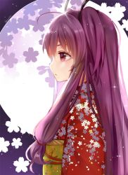 Rule 34 | 1girl, ahoge, character request, copyright request, from side, gendo0032, gendo0033, japanese clothes, kimono, long hair, purple eyes, purple hair, solo