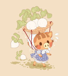 Rule 34 | 1girl, animal crossing, artist name, basket, basket on head, bloomers, blue dress, blush, blush stickers, brown background, brown hair, commentary, daisy mae (animal crossing), dress, english commentary, flying sweatdrops, food, furry, furry female, head scarf, nintendo, pig girl, print bloomers, print dress, puffy short sleeves, puffy sleeves, runny nose, samantha whitten, short sleeves, signature, simple background, snot, solo, standing, turnip, underwear, white bloomers, white headwear