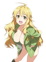 Rule 34 | 1girl, :d, ahoge, areola slip, black socks, blazer, blonde hair, blue panties, blush, breasts, cleavage, emblem, feet out of frame, green eyes, hands in pockets, highres, hoshii miki, idolmaster, idolmaster (classic), inue shinsuke, jacket, kneehighs, large breasts, leaning forward, long hair, long sleeves, looking at viewer, no bra, open clothes, open mouth, panties, round teeth, shiny skin, simple background, smile, socks, solo, standing, teeth, underwear, very long hair, white background
