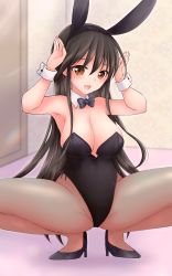 Rule 34 | 1girl, animal ears, black bow, black bowtie, black footwear, black hair, black leotard, bow, bowtie, breasts, brown eyes, cleavage, commentary request, detached collar, full body, high heels, highres, large breasts, leotard, long hair, looking at viewer, original, pantyhose, playboy bunny, rabbit ears, rabbit pose, rabbit tail, rei (ls91407662), smile, solo, squatting, strapless, strapless leotard, tail
