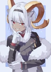 Rule 34 | 1girl, absurdres, animal ears, arknights, black hairband, black jacket, blue background, border, carnelian (arknights), carnelian (hohenlohe chillysand) (arknights), dark-skinned female, dark skin, feather boa, gloves, goat ears, goat girl, goat horns, grey border, hairband, hand on own chin, hand up, highres, horns, jacket, long sleeves, looking at viewer, official alternate costume, outside border, red eyes, red sweater, shoujo l, simple background, smile, snow, solo, sweater, tassel, upper body, white gloves, white hair