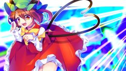 Rule 34 | 1girl, animal ears, brown eyes, brown hair, cat ears, cat girl, cat tail, chen, fang, green hat, hat, kujou mikuru, long sleeves, looking at viewer, mob cap, open mouth, paw pose, red skirt, ribbon, short hair, skirt, smile, solo, tail, touhou, yellow ribbon