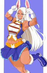 Rule 34 | 1girl, absurdres, alternate costume, animal ears, arm strap, armpits, arms up, bare shoulders, bell, blue background, blue footwear, blue skirt, boku no hero academia, boots, breasts, dark-skinned female, dark skin, fur-trimmed boots, fur trim, gloves, highres, large breasts, long eyelashes, long hair, looking at viewer, midriff, mirko, navel, neck bell, omanju25, open mouth, parted bangs, paw pose, pillarboxed, rabbit ears, rabbit girl, rabbit tail, red eyes, shirt, skirt, sleeveless, sleeveless shirt, solo, standing, standing on one leg, tail, thighs, toned, white gloves, white hair