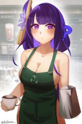 Rule 34 | 1girl, ?, a big brother, apron, bare arms, bare shoulders, barista, blunt bangs, blurry, blurry background, blush, breasts, cafe, cleavage, closed mouth, coffee cup, collarbone, cup, disposable cup, genshin impact, hair ornament, highres, holding, holding cup, iced latte with breast milk (meme), large breasts, long hair, meme, mole, mole under eye, naked apron, pitcher (container), purple eyes, purple hair, raiden shogun, solo, upper body, very long hair
