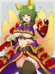 Rule 34 | 1girl, animal ear fluff, animal ears, bare shoulders, belt, belt collar, black gloves, blush, breasts, character request, collar, crop top, fangs, fingerless gloves, fox ears, fox girl, fox tail, gloves, green hair, highres, large breasts, multiple tails, navel, red eyes, sengoku collection, skin fangs, solo, star (symbol), tail, thighhighs, underboob, yonaga san