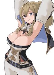 Rule 34 | 1girl, adjusting hair, alternate breast size, armpits, arms up, blonde hair, breasts, capelet, cleavage, cowboy shot, dismassd, genshin impact, highres, jean (genshin impact), large breasts, long sleeves, looking at viewer, pants, ponytail, simple background, smile, white background, white pants