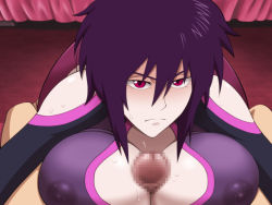 Rule 34 | 10s, 1girl, 4st injection, bed, blush, breast press, breasts, censored, cleavage, cleavage cutout, clothed female nude male, clothing cutout, covered erect nipples, detached collar, indoors, kneeling, large breasts, liebert, long sleeves, looking at viewer, majin bone, mosaic censoring, nipples, nude, paizuri, paizuri under clothes, penis, pov, purple hair, red eyes, see-through, short hair, solo focus, sweat
