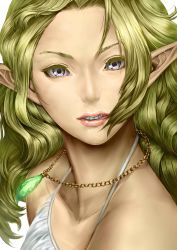 Rule 34 | 1girl, absurdres, aqua eyes, bad id, bad pixiv id, bare shoulders, blonde hair, chain, collarbone, elf, highres, jewelry, looking at viewer, necklace, pointy ears, shimashima (simasima 23), solo, teeth, wavy hair