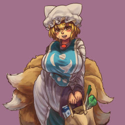 Rule 34 | 1girl, animal hat, bag, blonde hair, blush, breasts, brown hair, carton, chanta (ayatakaoisii), cowboy shot, dress, food, fox tail, groceries, grocery bag, hat, holding, holding bag, large breasts, long sleeves, medium hair, mob cap, multiple tails, open mouth, purple background, shadow, shopping bag, simple background, solo, spring onion, tabard, tail, touhou, vegetable, white dress, white hat, yakumo ran