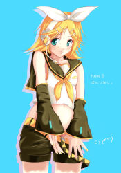 Rule 34 | 1girl, aqua eyes, artist name, bare shoulders, belt, black shorts, blonde hair, blue background, breasts, closed mouth, clothes pull, collarbone, cowboy shot, cyprus, detached sleeves, headset, kagamine rin, looking at viewer, nail polish, navel, neckerchief, no panties, parted bangs, pulled by self, school uniform, see-through, serafuku, shirt, short hair, short sleeves, shorts, shorts pull, simple background, sleeveless, sleeveless shirt, small breasts, smile, solo, standing, stomach, vocaloid, white shirt, yellow nails, yellow neckerchief