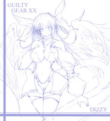 Rule 34 | 1girl, arc system works, dizzy (guilty gear), guilty gear, lowres, monochrome, sketch, solo, thighhighs