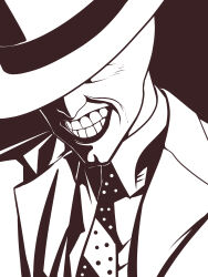 Rule 34 | 1boy, absurdres, asha, brown theme, coat, collared shirt, commentary request, fedora, grin, hat, hat over eyes, high contrast, highres, male focus, monochrome, necktie, polka dot necktie, shirt, simple background, smile, solo, stanley ipkiss, the mask, upper body