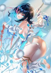 Rule 34 | 1girl, ass, back, bare shoulders, black hair, blue background, blue eyes, blue ribbon, blush, breasts, detached leggings, dress, fate/grand order, fate/requiem, fate (series), feet, fundoshi, gradient background, highres, japanese clothes, jewelry, legs, long sleeves, looking at viewer, looking back, magatama, magatama hair ornament, medium breasts, medium hair, multicolored hair, necklace, open mouth, pelvic curtain, pink hair, polearm, puffy long sleeves, puffy sleeves, ribbon, seigaiha, short dress, sideboob, sideless outfit, soles, spear, streaked hair, two-sided fabric, utsumi erice, water, weapon, white dress, white legwear, zasshu