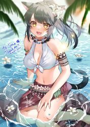 Rule 34 | 1girl, :d, animal ears, arm tattoo, warrior of light (ff14), bare arms, bare shoulders, bikini, black hair, blush, breasts, cat ears, cat girl, cat tail, cleavage, commission, facial mark, final fantasy, final fantasy xiv, flower, hair flower, hair ornament, highres, jewelry, long hair, looking at viewer, medium breasts, midriff, miqo&#039;te, navel, necklace, open mouth, palm leaf, sarong, sitting, skeb commission, slit pupils, smile, solo, swimsuit, tail, tattoo, tropical, water, white bikini, yam (yamap mako), yokozuwari